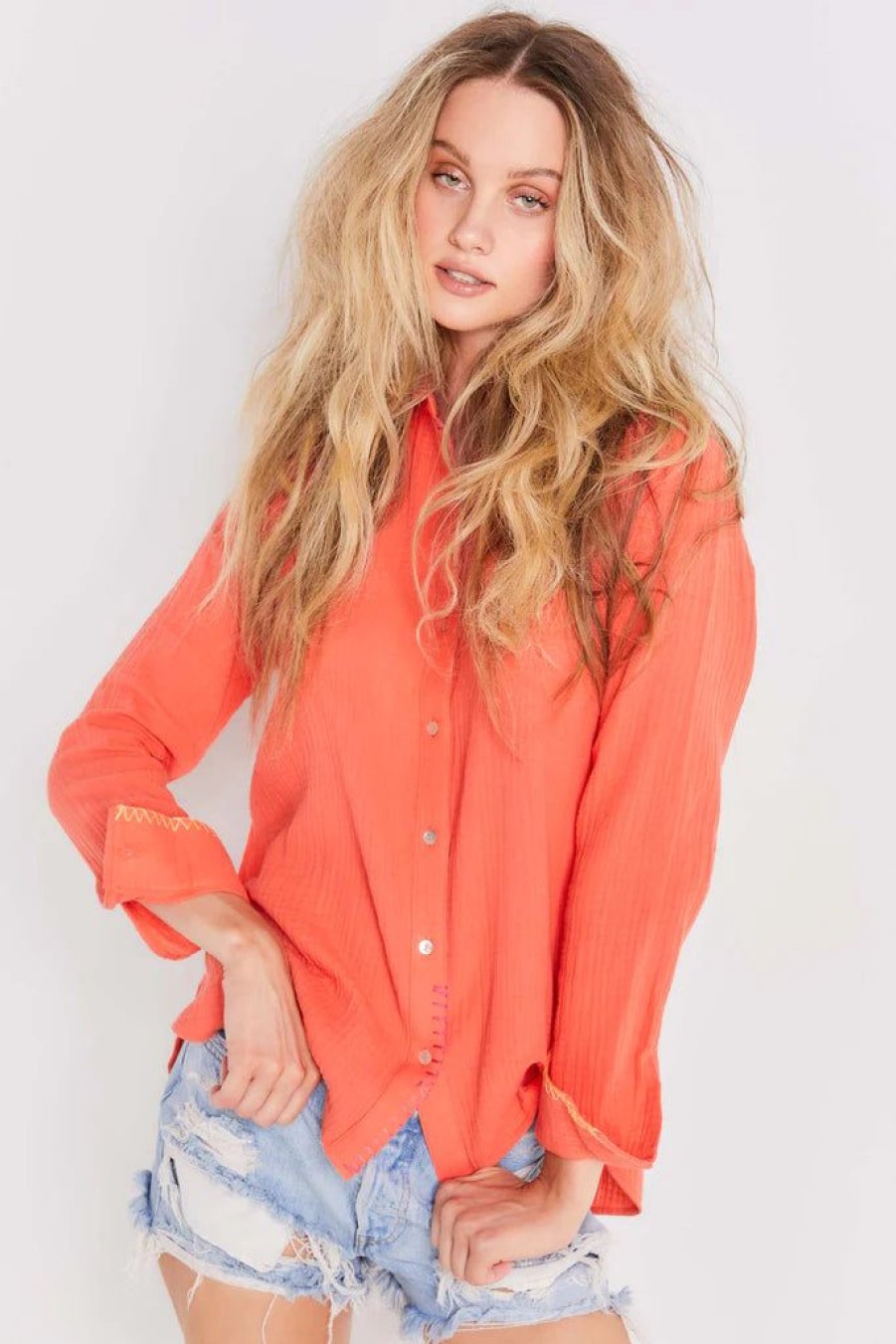 Women Lisa Todd Long Sleeves | Lisa Todd The Beach Shirt Hot Tamale