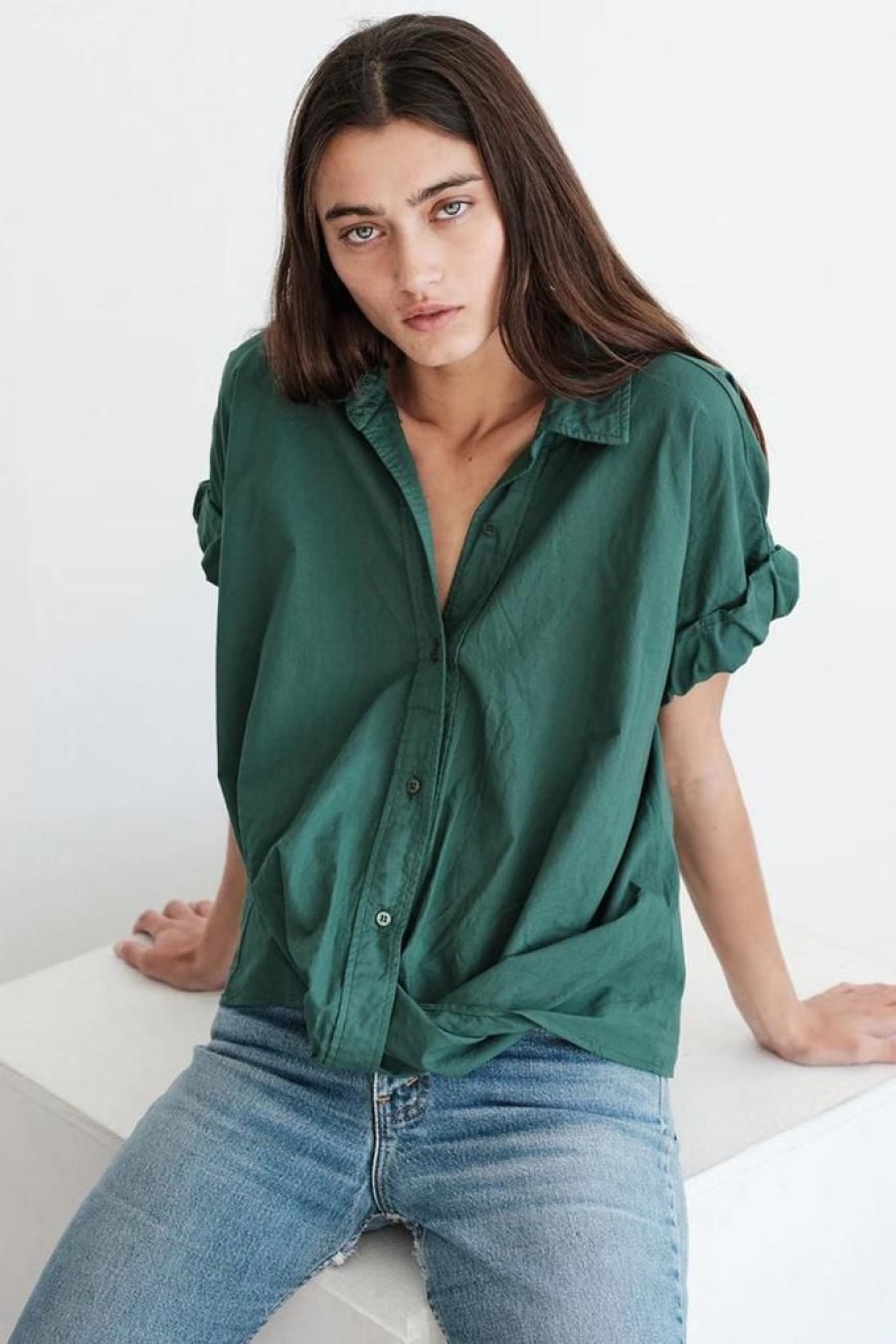 Women Stateside Casual | Stateside Poplin Short Sleeve Front Twist Shirt